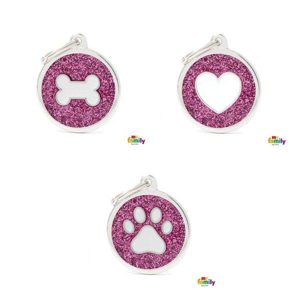 My Family Big Circle Pink Glitter Pet ID Tag - Pisces Pet Emporium