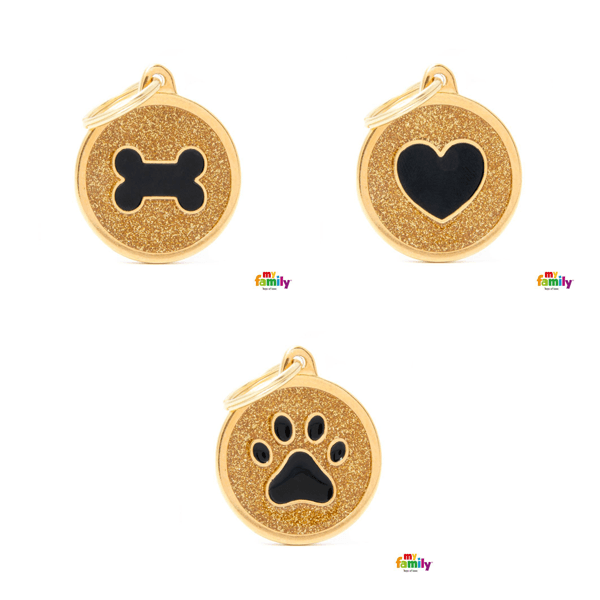 My Family Big Circle Gold Glitter Pet ID Tag - Pisces Pet Emporium